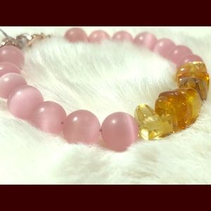 Genuine Amber and Pink Quartz Bracelet